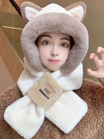 1 set Chapeau moelleux et écharpe 2 pièces pour femmes, écharpe à capuche d'hiver épaisse et coupe-vent pour hommes et femmes