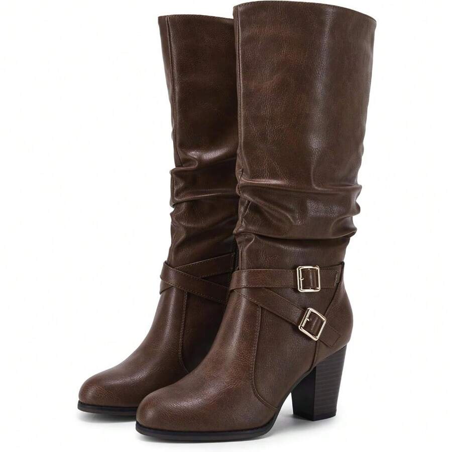 Womens Mid Knee High Boots Chunky Heel Slouchy Metal Buckle Side Zipper Fashion Winter Shoes - 巧克力 - 查看 1