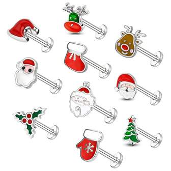 10 Pieces/Set Of Christmas Perforated Jewelry, Christmas Hats, Socks, Gloves, Reindeer, Santa Claus, Nose Studs, Lip Studs, Perfect For Holiday Christmas Gifts