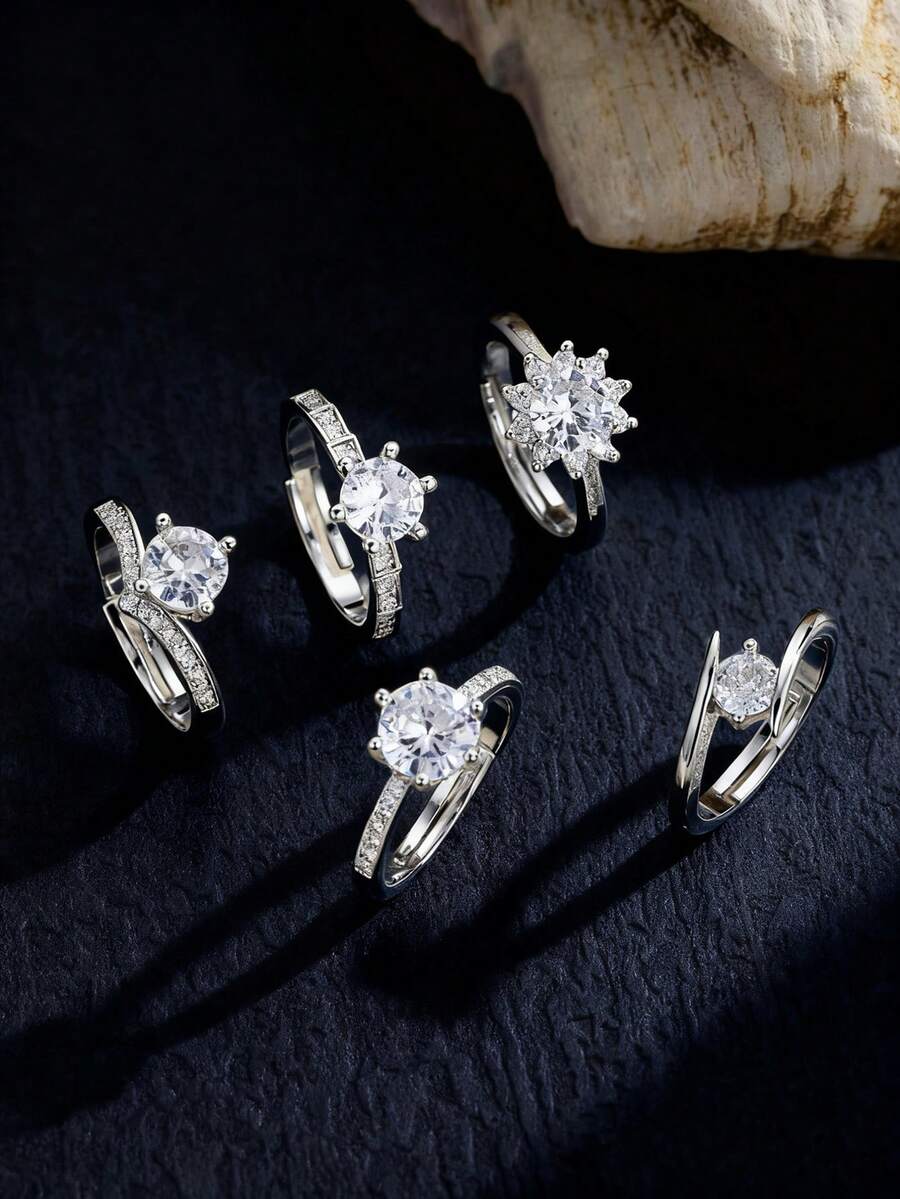 Bộ 5 chiếc/Bộ chất liệu đồng, nhẫn kim cương Moissanite hình vương miện công chúa thanh lịch, thiết kế 6 chấu hình rắn, đơn giản, sang trọng, đa năng, thích hợp cho tiệc tùng, đám cưới, đeo hàng ngày, lễ hội của phụ nữ - Bộ nhẫn - Xem 1