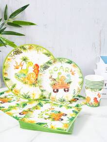 Jungle Dinosaur Party Disposable Plates, Napkins, Cups Set, Plates, Napkins And Cups Party Supplies, Serves 8 Guests, Disposable Paper Plates Party Tableware Suitable For Birthday, Wedding, Theme Party, Family Picnic - Multicolor - View 3