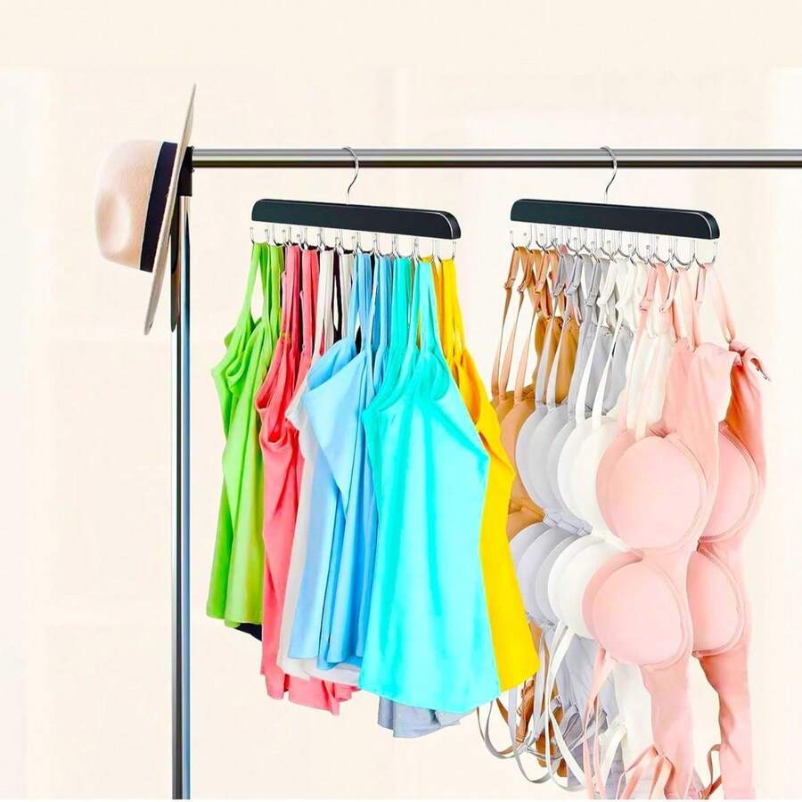 2-Pack Black Natural Wood Bra Hangers - 40 Rust-Proof Hooks, 360° Rotating, Space-Saving Closet Organizer For Bras, Tank Tops & Belts - màu đen - Xem 1