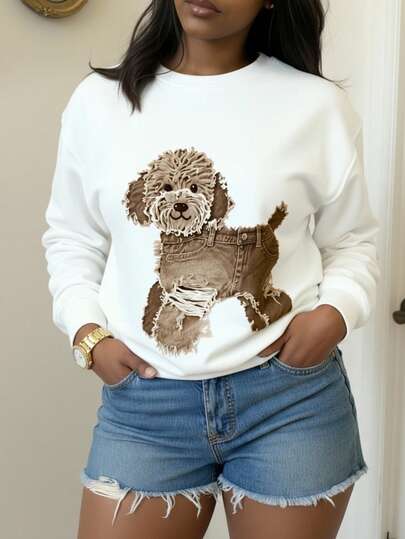 Sudadera casual de cuello redondo de manga larga y hombros caídos con estampado de perro para mujer