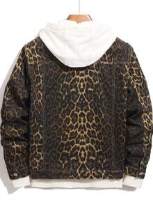 Jaqueta Denim com Estampa de Leopardo Lavada Vintage, Camisa Casual Solta de Streetwear para Homens, Primavera/Outono