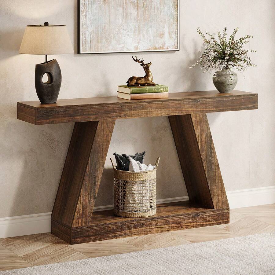 LITTLE TREE 140cm Long Console Table, Solid Wood Farmhouse Sofa Table For Behind Couch, Entryway Hallway Table With Storage, Rustic Narrow Entry Table For Living Room, Easy Assembly - Brown - View 1