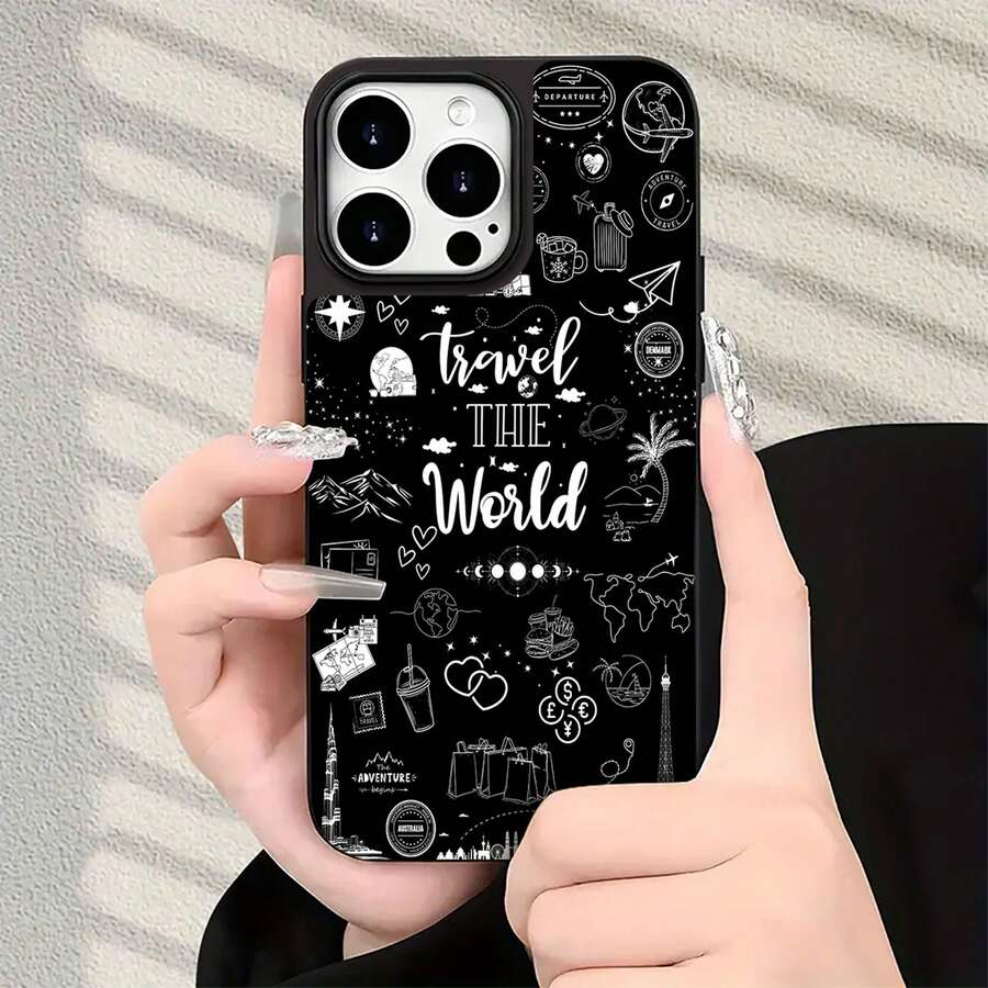 Funda para <<Viaja por el mundo» con diseño de aventura. Compatible con 17, 16, 16 Pro Max, 15, 15 Pro Max, 14, 13, 12 y 11 Pro. Fabricada en TPU, ofrece protección antigolpes. Un regalo ideal para familiares, amigos, viajeros, cumpleaños, Halloween, Navidad, parejas y San Valentín. - Negro - Ver 1