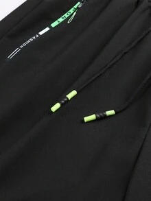 Women's Solid Color Casual Sports Pants, Neon Green Zipper Design, Loose Fit Tapered Leg, Comfortable & Skin-Friendly, Versatile Casual Pants, Essential For Back To School Season - Black - View 4