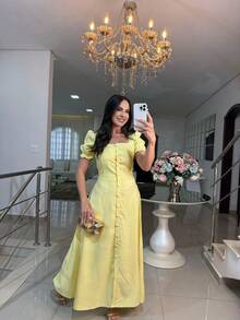 Women's Long Dress In Marrant Sensorial Fabric With Puff Sleeves And Covered Buttons. Ideal For Parties And Celebrations. Fits Sizes 38 To 42. Elegant And Comfortable. - 黃色 - 查看 2