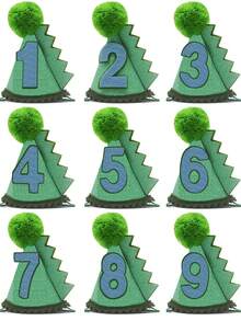 手工毛毡卡通恐龙绿色生日帽，生日服装头饰，手工粘贴1-9数字生日派对帽 - 綠色 - 查看 2