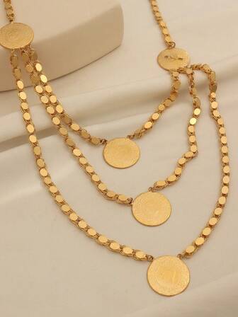 1件复古镀铜硬币吊坠项链，手工多层链，适合女士日常佩戴，节日礼物