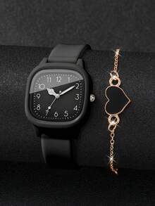 Set de 4 piezas de relojes de cuarzo de silicona para mujer con esfera numérica cuadrada, clásico + pulsera con forma de corazón (el reloj no está incluido en el set) - Multicolor - Ver 6