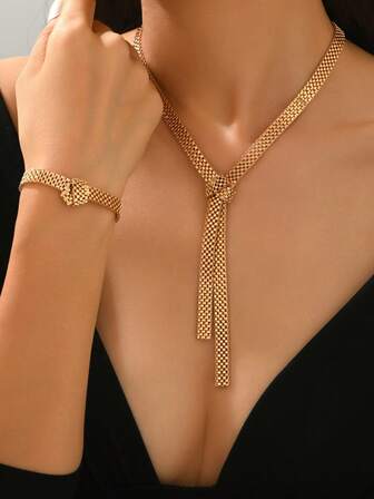 2pcs/Set Creative Y-Shape Knot Pendant Necklace And Bracelet Set, Fashionable And Elegant