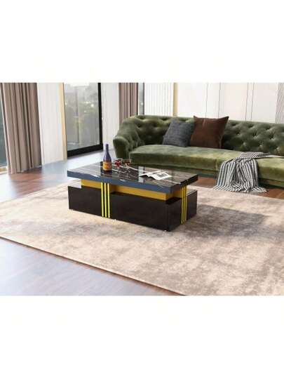 Moderne Rectangular Coffee Tafel High Gloss Top, Wooden Drawers, Marbled Tabletop, Living Room, 100*50*40 Cm view 4