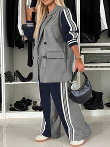Áo khoác blazer nữ cỡ lớn màu tương phản thanh lịch có dây rút thường ngày - Xám và xanh nước biển - Xem 5