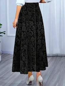 Fustă maxi neagră cu imprimeu floral vintage, elegantă pentru ținute de birou - Negru - Vizualizare 3