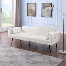 Futon Sofa Bed, Modern 68-Inch Futon Sofa, Convertible To A Bed, Sofa Bed Living Room Furniture Futon Set - Fits Small Spaces - Beige - View 3