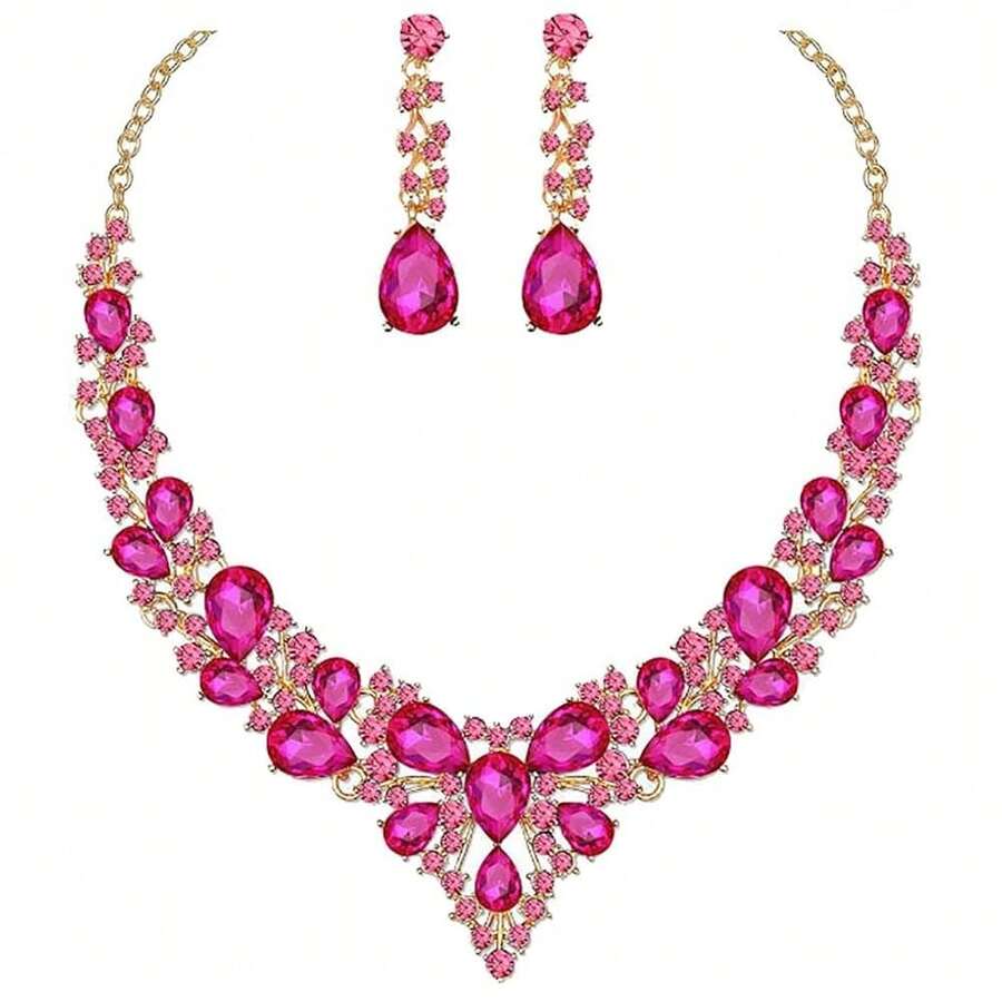 Clear Crystal Rib Statement Necklace Earrings Set Spark Rhinestone Women Jewelry Set Chunky Bridal Teal Crystal Drop Accessories For Ladies And Bridesmaids{Inchcolor_nameinch:InchRoseinch} - 玫瑰 - 查看 1