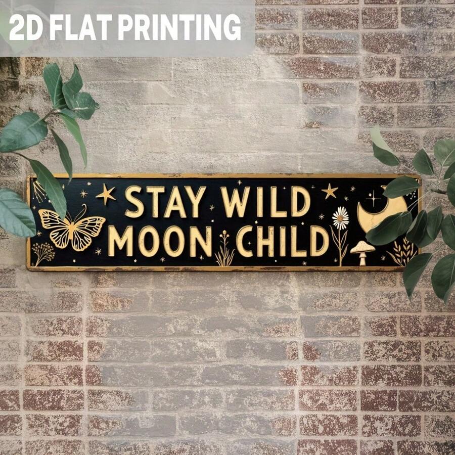 CIFbuy 2D Flat, 1pc "Stay Wild Moon Child" Metal Wall Art - Rustic Farmhouse Decor With Moon, Stars, Butterfly - Vintage Boho Sign In Golden On Dark Background - Large Vintage Metal Poster For Living Room, Bedroom, Dorm - Easy Hang With Pre-Drilled Holes - Durable Indoor/Outdoor Decoration, Bedroom Accent Piece, 2D Flat,Room Decor,Halloween Decor,Home Decor,Bathroom Decor,Bedroom Decor,Kitchen Decor,Wall Decor,House Decor, Room Decoration Stuff,Living Room Decor - 彩色 - 查看 1