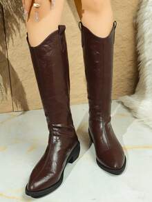 2025冬季新款法式高跟踝靴，女士修身中筒骑马靴 - 棕色 - 查看 2