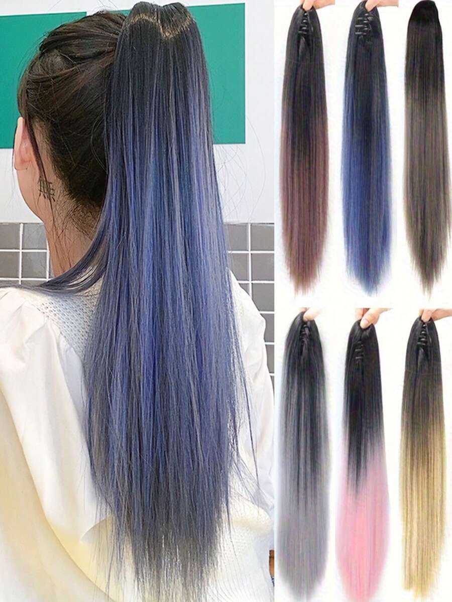 1件装 20英寸合成爪夹式马尾假发，耐高温，棕黑色混合挑染蓝色长直发夹式假发，适合女性日常佩戴 - 彩色 - 查看 1
