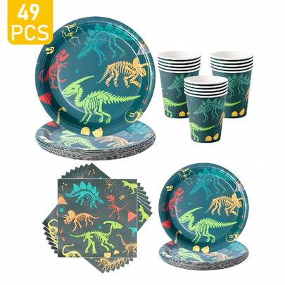 8件套恐龙化石一次性餐盘、餐巾纸、杯子套装，包含餐盘、餐巾纸和杯子，适合8位客人使用，一次性纸盘，适用于生日、婚礼、主题派对、家庭野餐等场合。
