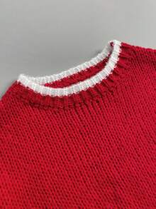 Women's Fashion Romantic Chunky Knit Contrast Trim Long Sleeve Pullover Sweater, Suitable For Dates In Winter