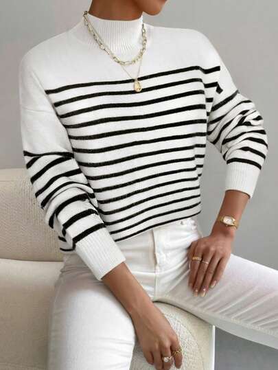 Plus Size Women Elegant Casual Striped Stand Collar Sweater