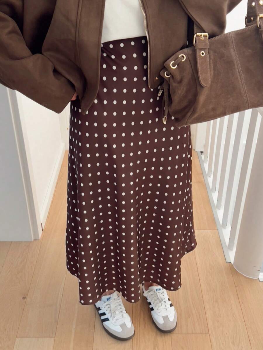 Women's Polka Dot Casual Long Versatile Skirt - Brown - View 1