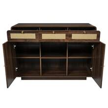 120cm Walnut Sideboard, Drawer Cabinet With Rattan And Gold Handles, 3 Drawers + 2 Cabinets + Open Shelf, Height Adjustable Shelves, H85/W120/D40