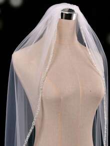 1pc Handmade Beaded & Sequin Bridal Veil, Suitable For Wedding Headpiece And Photography Accessory. Comes With Hair Comb. Also Fits Bachelorette Party And Women's Apparel Accessory, Crystal Beaded Veil - V - View 8