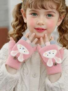 1 Par Guantes Para Niños Con Cubierta De Solapa De Conejo Rosa Y Sin Dedos Para Protección Y Calor, Adecuados Para Viajes Al Aire Libre Y Uso Diario