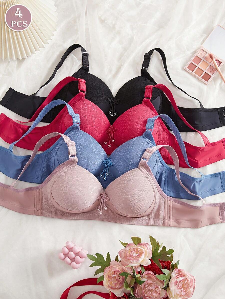 4PCS Women's Comfortable Sleeping Wireless Soft Cup Solid Bralette Lingerie Underwear Bra - Multicolor - View 1