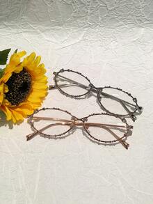 一副金属框经典椭圆形水钻镶嵌极简主义Y2K设计眼镜，百搭时尚，适合休闲和度假场合。 - 白色 - 查看 2