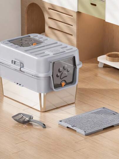 PETSIN Extra Large Stainless Steel Fully Enclosed Cat Litter Box, Anti-Splash, Odor-Proof, High Rim, Flip Cover Cat Litter Tray