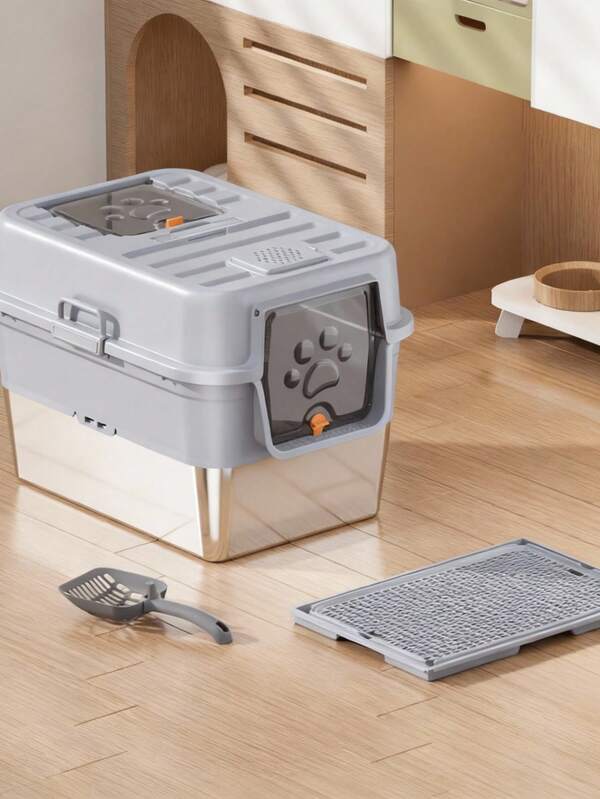 PETSIN Extra Large Stainless Steel Fully Enclosed Cat Litter Box, Anti-Splash, Odor-Proof, High Rim, Flip Cover Cat Litter Tray