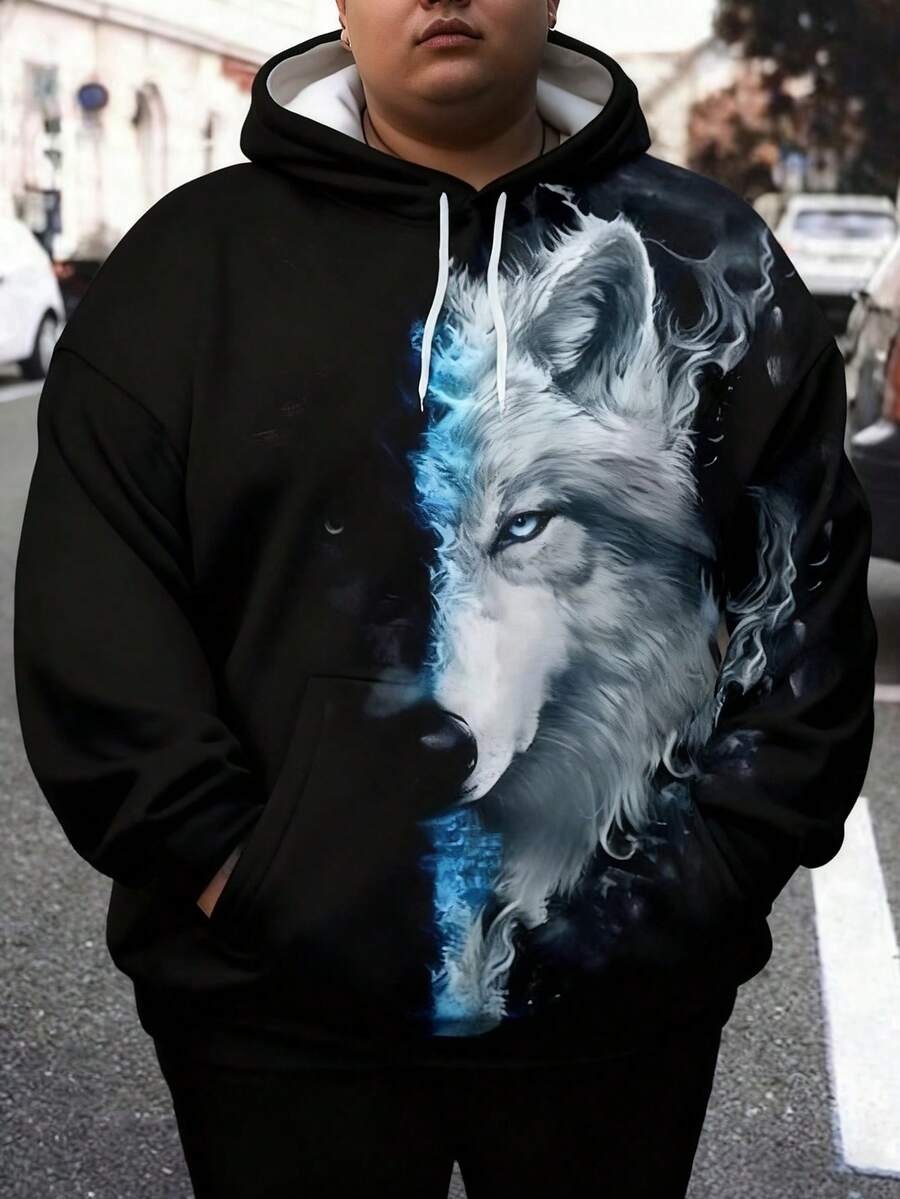 Plus Size Men's 3D Wolf Print Drawstring Pullover Hoodie With Overall Print - Black - View 1