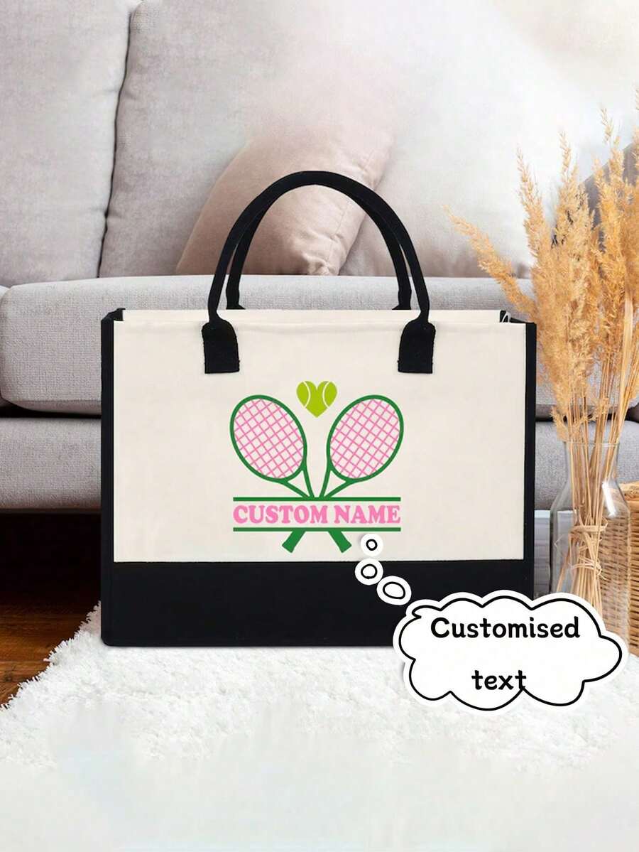 Personalized Tennis Tote Bag, Customized Tennis Handbag, Tennis Gift For Her, Personalized Tennis Bag, Tennis Lover's Bag, Tennis Gift - Black - View 1
