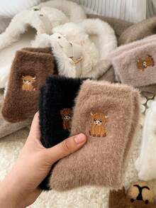 Furry calf 3/5 Pairs Women's Cartoon Calf Embroidered Plush Socks, Super Thick For Autumn/Winter, Warm Color, & Versatile For Home Wear