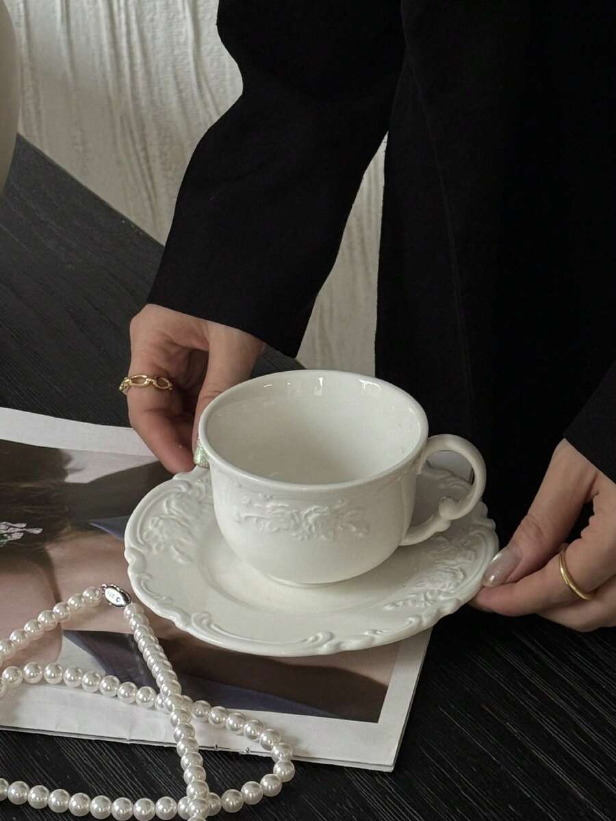 1pc French Vintage Floral Rose Embossed Ceramic Cup, Afternoon Tea Cup & Saucer, Unique Design Niche Cup, Breakfast Cup, Dessert Plate, Latte Art Cup, Suitable For Home, Office, Restaurant