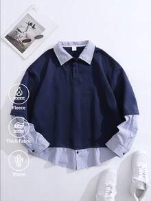 Casual College Style Men's Striped Patchwork Button-Down Collar Long Sleeve Polo Shirt, Suitable For Spring And Autumn - Navy Blue - View 7