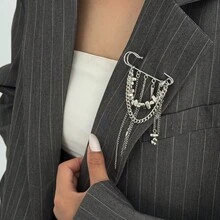 Vintage Metal Tassel Brooch Chain Irregular Stone Pendant Decorative Pin Niche Design Sense Light Luxury Multifunctional Accessory - 銀色 - 查看 4