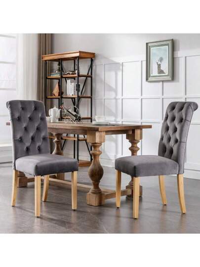 Samt Esszimmerstühle 2er Set Mit Eichenbeinen, Knopf, Chromklopfer Schlafzimmerstuhl Küchenstuhl Wohnzimmer Lounge Freizeitstuhl, Grau