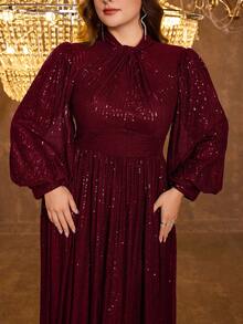 UNITHORSE Plus Size Sequin Embellished Cross V-Neck Lantern Sleeve Elegant Formal Evening Party Dress - Burgundy - View 5