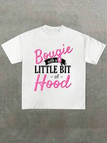 Women's "Bougie With A LITTLE BIT Of Hood" Stylish Text Graphic, Round Neck Short Sleeve Casual Cotton 220g Pattern Printed T-Shirt - 白色 - 查看 1