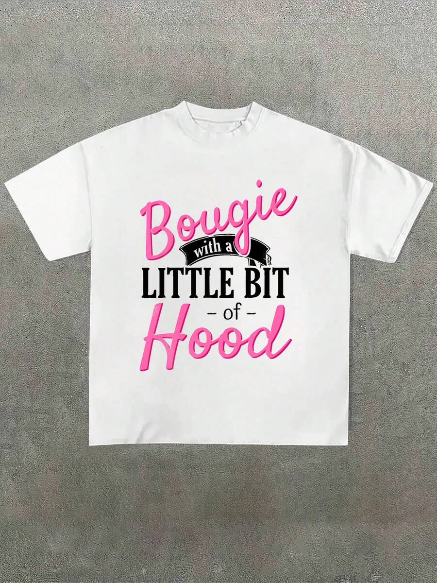 Women's "Bougie With A LITTLE BIT Of Hood" Stylish Text Graphic, Round Neck Short Sleeve Casual Cotton 220g Pattern Printed T-Shirt - 白色 - 查看 1