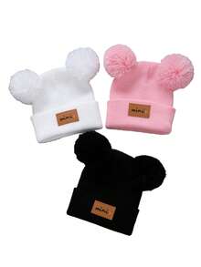 1/2/3件双绒球婴儿针织帽纯色羊毛钩针帽毛绒球儿童套头帽冬季保暖儿童无檐帽 - 彩色 - 查看 42