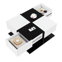 Modern Coffee Table Black And White 70*70*35.5 Cm With 2 Drawers, Square Living Room Table With Storage Space, High-Gloss Coffee Table With Soft Drawer Rails - Black and White - View 6