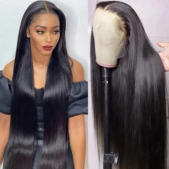 Peluca de encaje frontal sin pegamento de 32 pulgadas, cabello humano mezclado liso, densidad del 180%, 13x6 frontal de cabello humano al 60% con cabello bebé, descuento de 10-32 pulgadas, peluca frontal de encaje similar al cabello humano, apariencia natural para uso diario, fiestas, sesiones de fotos - Halloween, fiesta de disfraces, vestido de fiesta (peluca bob de 10-14 pulgadas)