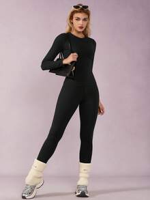 1 Set Women Elastic Crew Neck Tight Fit Thermal Lined Long Sleeve Top And Pants Sportswear Set - Black - View 5