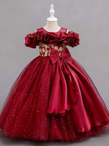 Girls' 3D Floral Off-Shoulder Embroidered Tulle Party Dress, Princess Dress For Birthday Party, Performance, Piano Recital - Burgundy - View 5